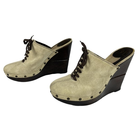 Diane Von Furstenberg Emerson Tan Suede Studded Wedge Clogs Mule Shoes Size 8.5 - Picture 4 of 11
